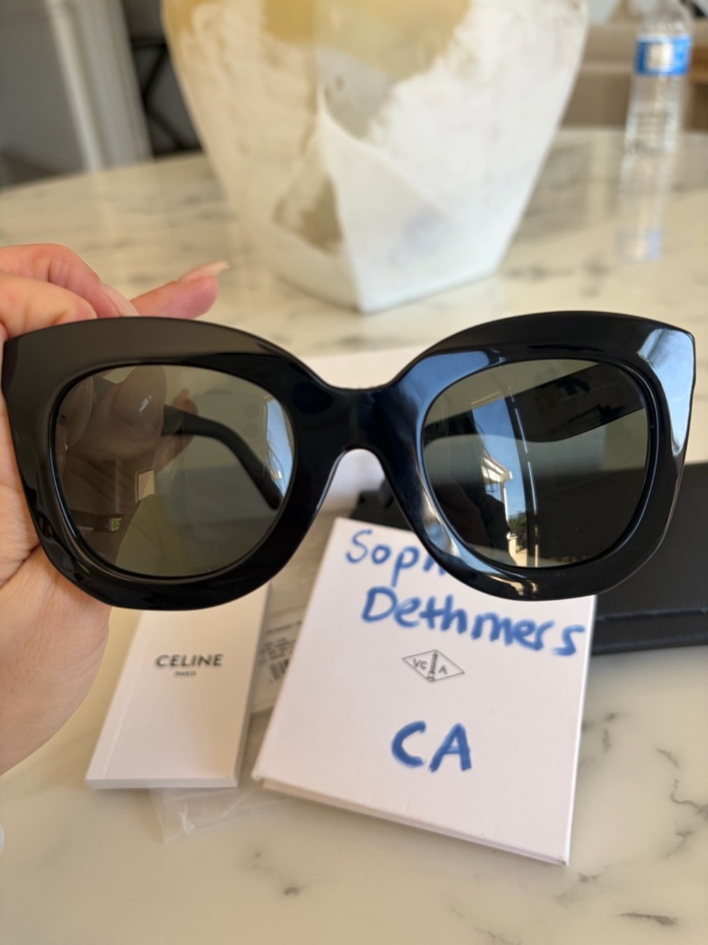 Celine Glossy Black Cat-Eye Sunglasses with Dark Green Lenses - Picture 5 of 8
